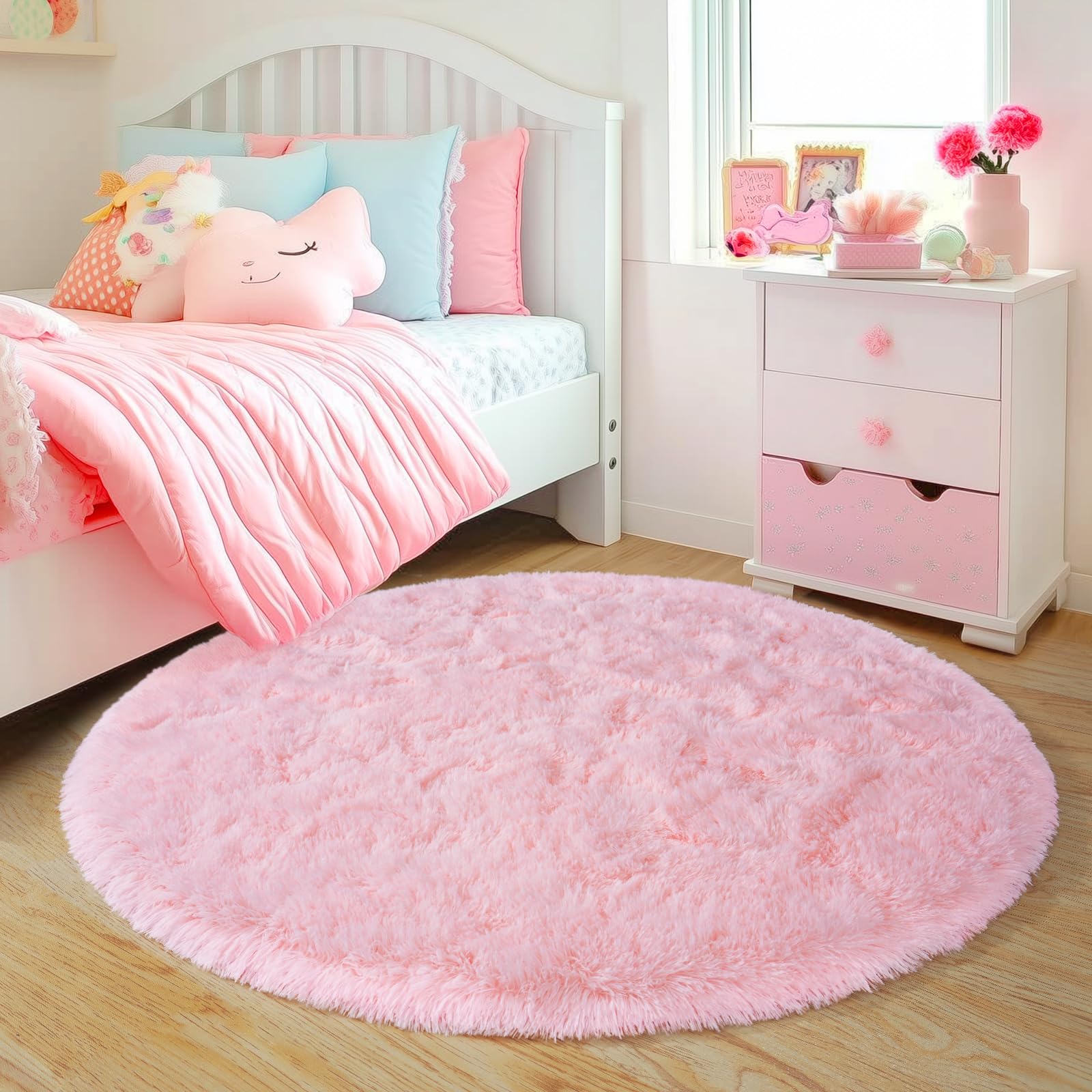 Quntue 3'x3' Round Pink Rugs for Girls Bedroom, Ultra Soft Fluffy Circle Rug for Kids Room, Cute Small Shag Rugs for Living Room Playroom Tent Castle