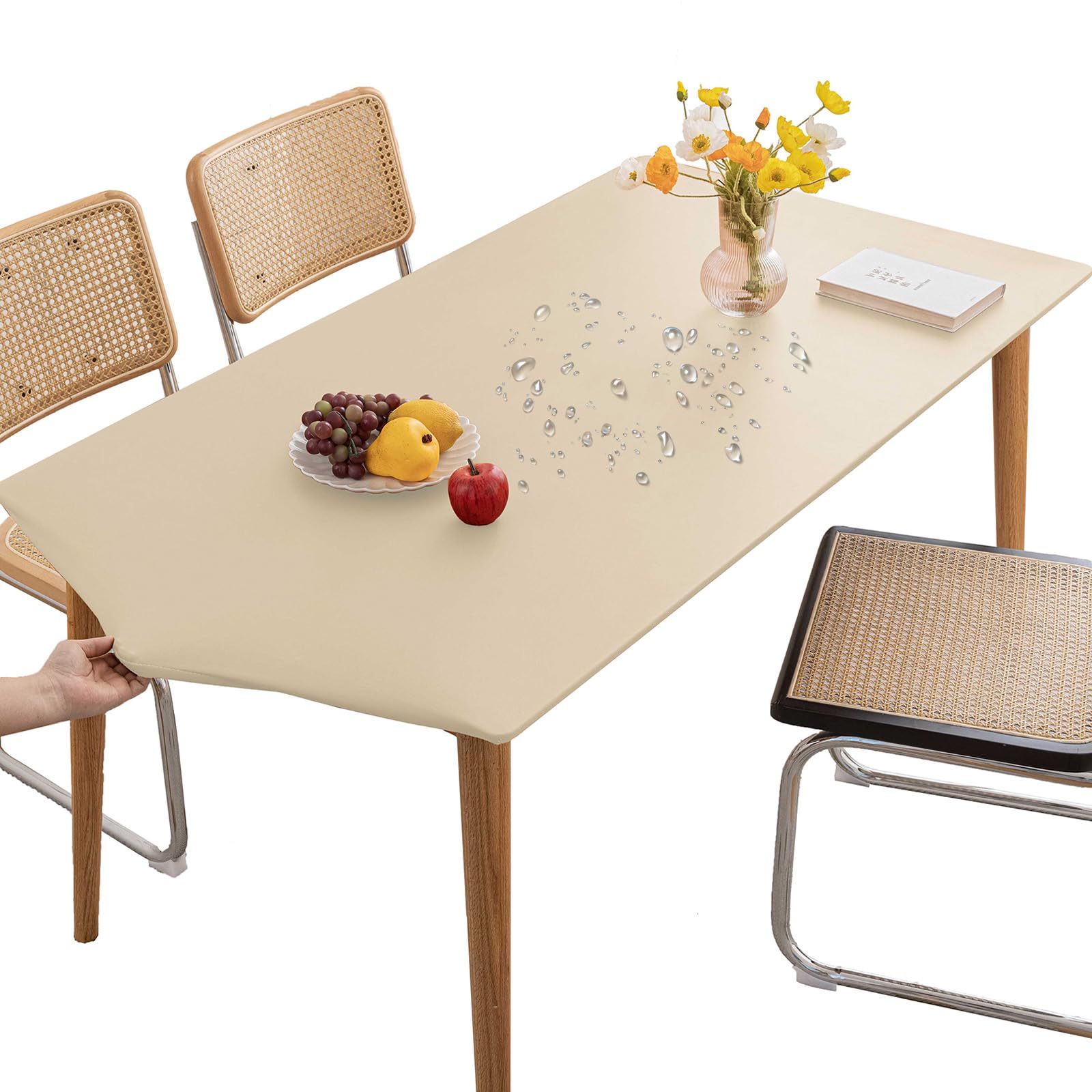 Thdsubb Tablecloth Leather Waterproof Tablecover Elastic Edged Fitted Table Protector Cover Wipeable for Home Picnic Party (Beige,60x120cm)