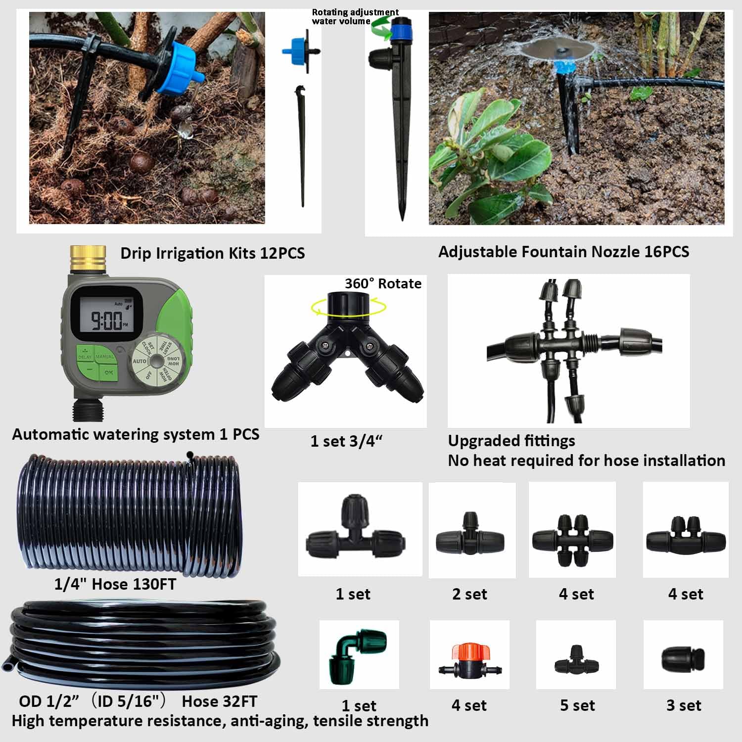 Sistema de riego por goteo con temporizador de agua, sistema de riego automático para jardín, diámetro interior de 5/16 pulgadas y tubo de 1/4 pulgadas, kit de pulverización ajustable de 160 pies