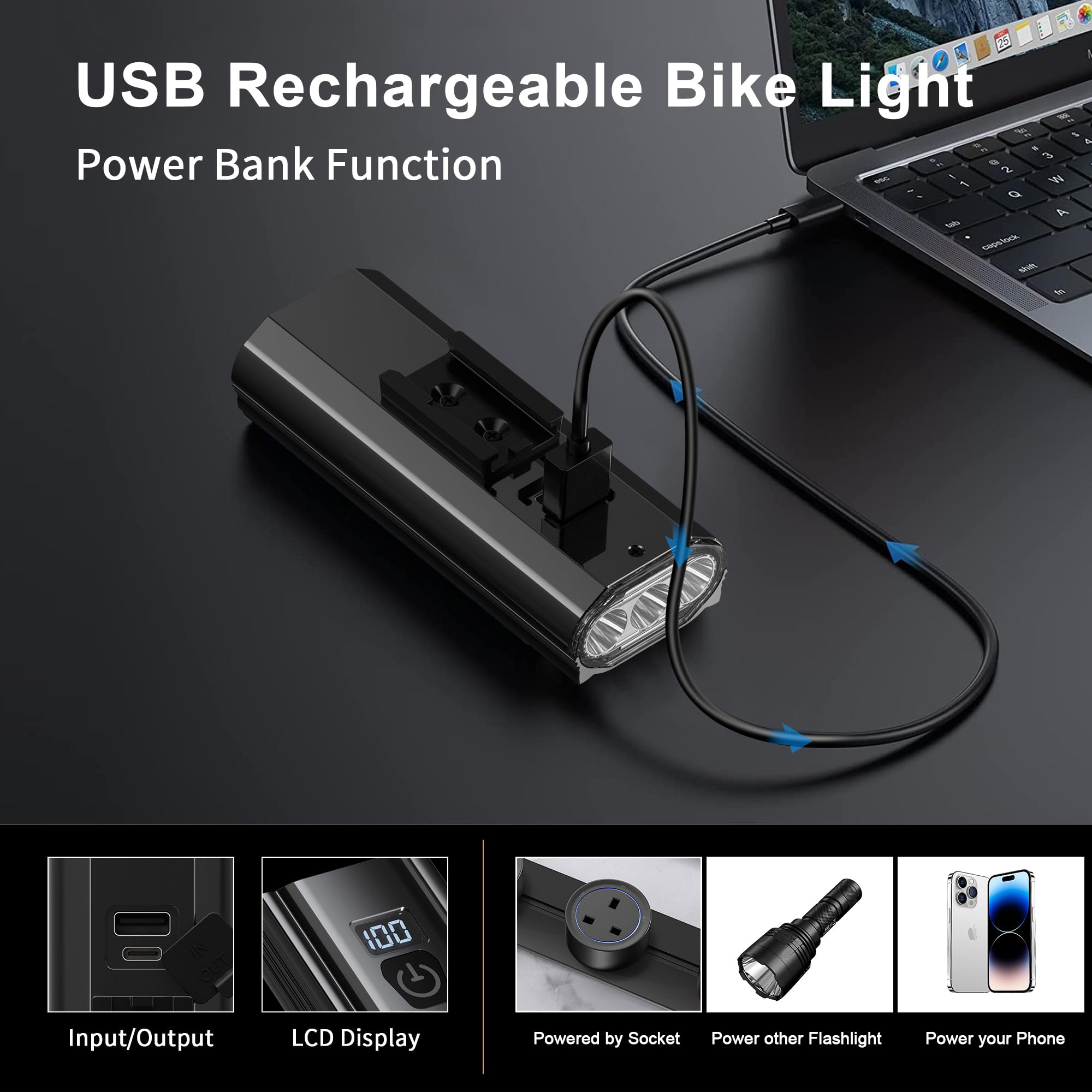 LED Bike Lights for Night Riding High Lumens with 2Pack taillight - 6000mAh Super Bright Bicycle Headlight & Tail Light Set, Mountain/Road Bike Safety Light Front and Back Cycling 2