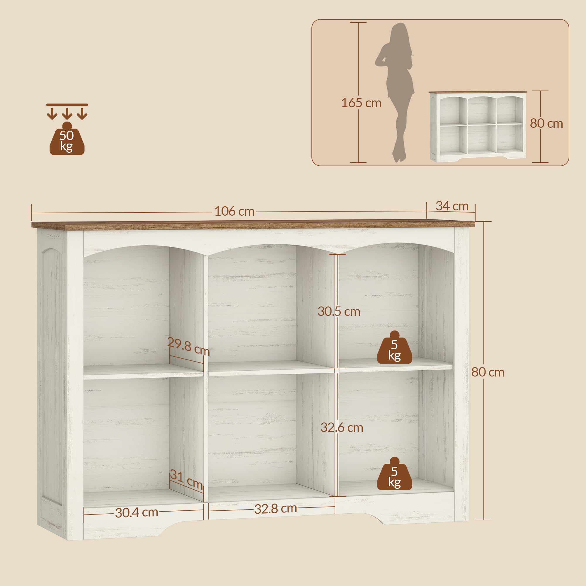 Bücherregal Regal mit 6 Fächern, 106 x 34 x 80 cm, Weiß und Braun | Würfelregal, Offenes oberes Ablagefach, für Wohnzimmer, Büro, Schlafzimmer und Küche, FFSG003FWR1