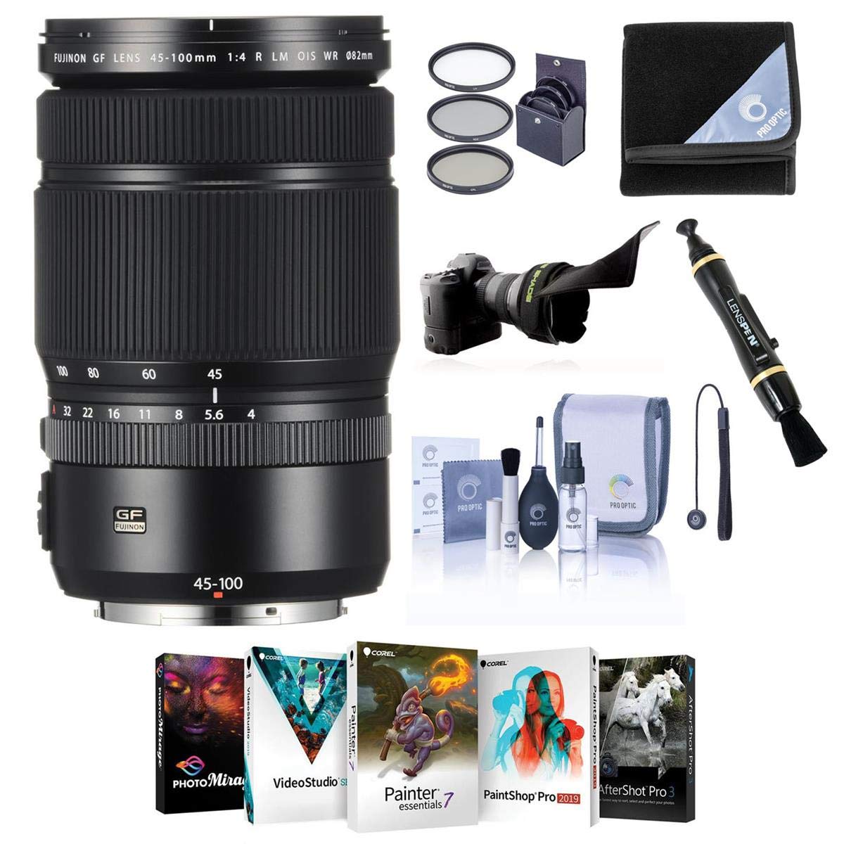 Fujifilm GF 45-100mm F4 R LM WR Lens, Bundle with  Flex  Lens  Shade , 82mm Filter Kit, LensPen Lens Cleaner, Lens Wrap, Lens Cap Tether, Cleaning Kit, PC Software Kit
