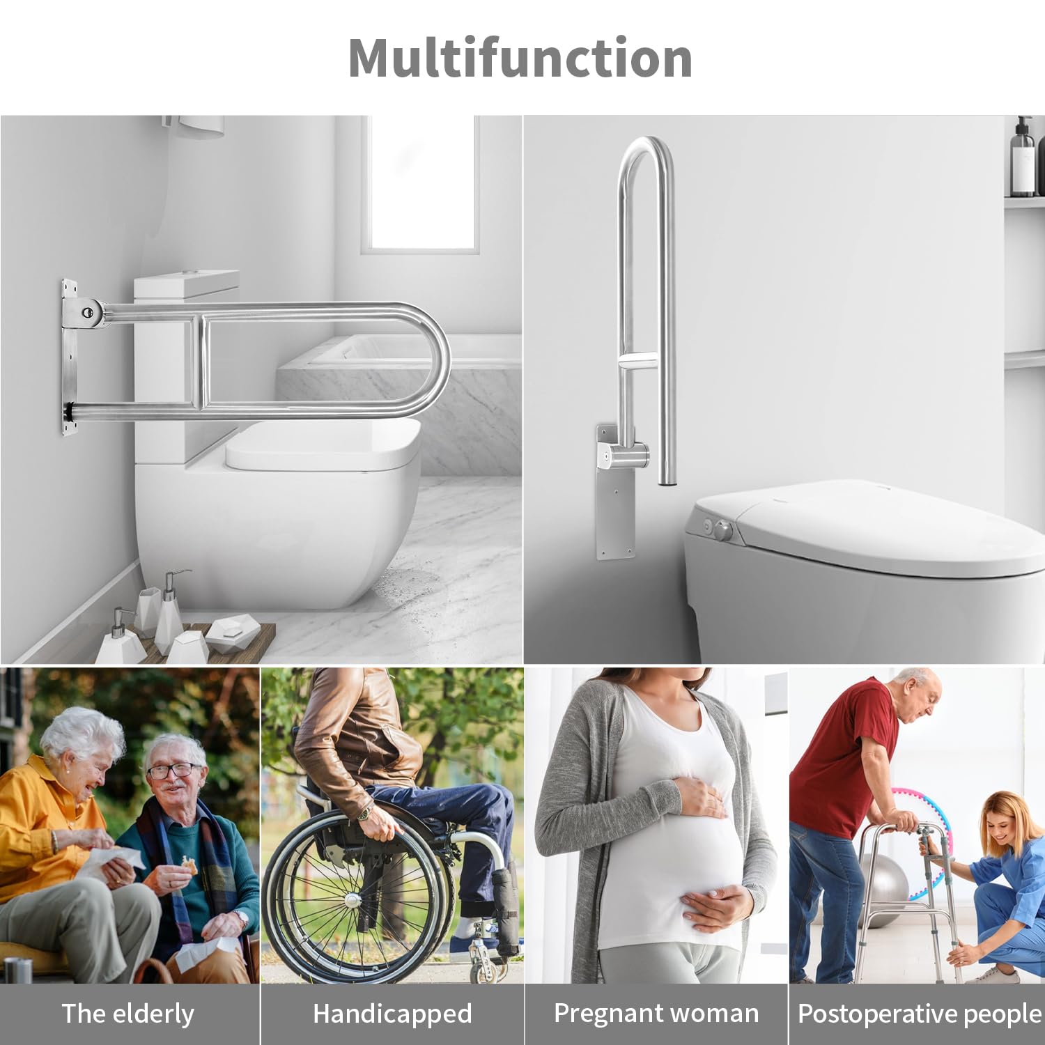 Maniglione Bagno Disabili 60cm, Maniglia Ribaltabile Doccia, Acciaio Inox | Barra di Sostegno Pieghevole e Antiscivolo in U 350kg, Sicurezza per Anziani o Persone con Disabilità
