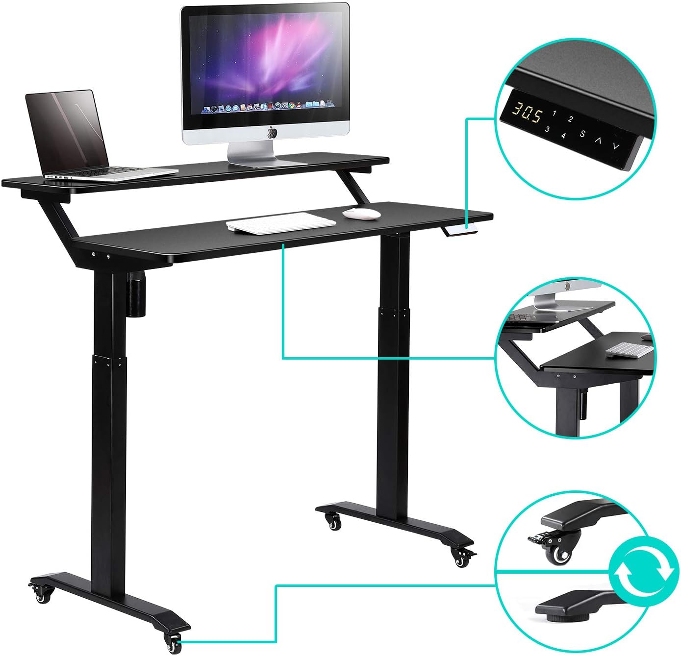 UNICOO Electric Height Adjustable 2-Tier Raising Desk with Wheels, Mobile Standing Desk with Monitor Stand, Ergonomic Adjustable Computer Table, Electric Standing Game Table for Home Office