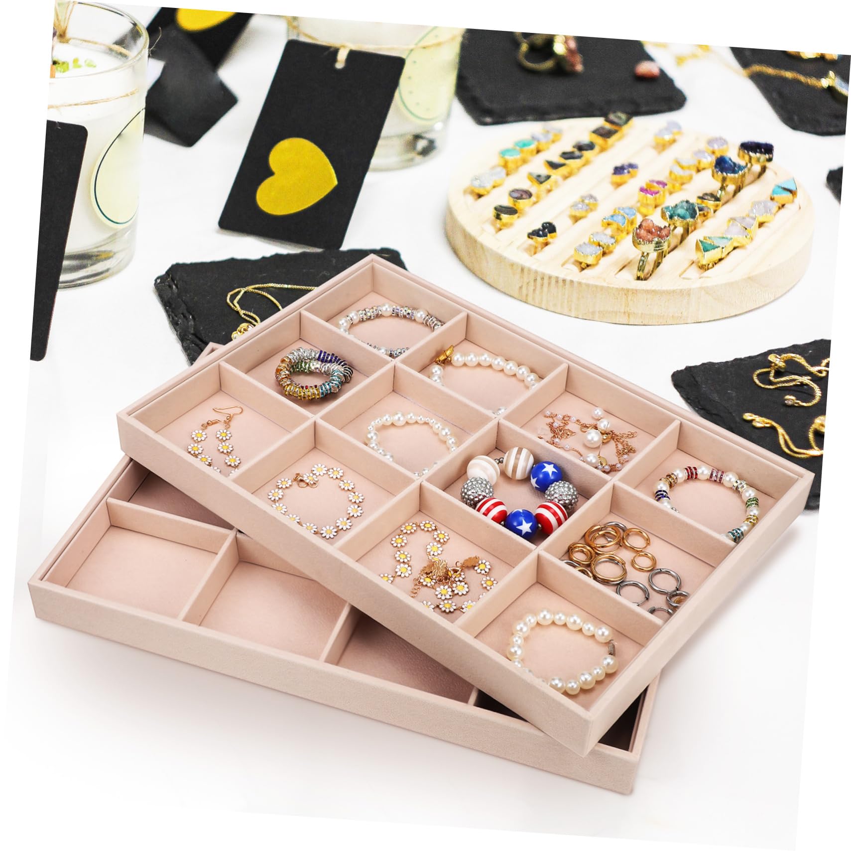 COLLBATH Bandejas para Joyas Terciopelo 12 Compartimentos Organizador de Joyería para Collares y Anillos Uso Personal y Exhibición 2 Unidades Apilables