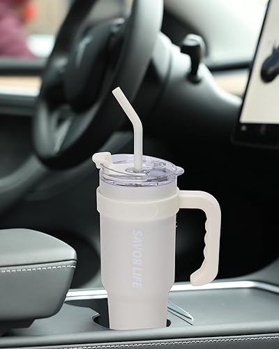 Miniatura 6 de GiNT Vaso de 40 oz con asa, vaso aislado de acero inoxidable con tapa y pajilla, doble vacío a prueba de fugas, taza de café de viaje, color verde