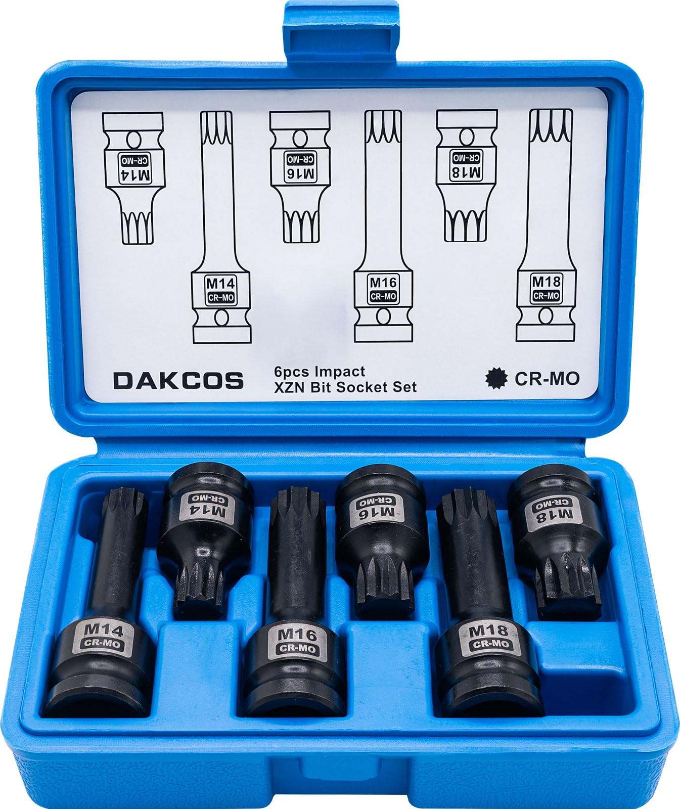DAKCOS 1/2 Inch Impact XZN Bit Socket Set, M14 M16 M18, 6 Piece Triple Square Spline Bit Socket Set,Cr-Mo