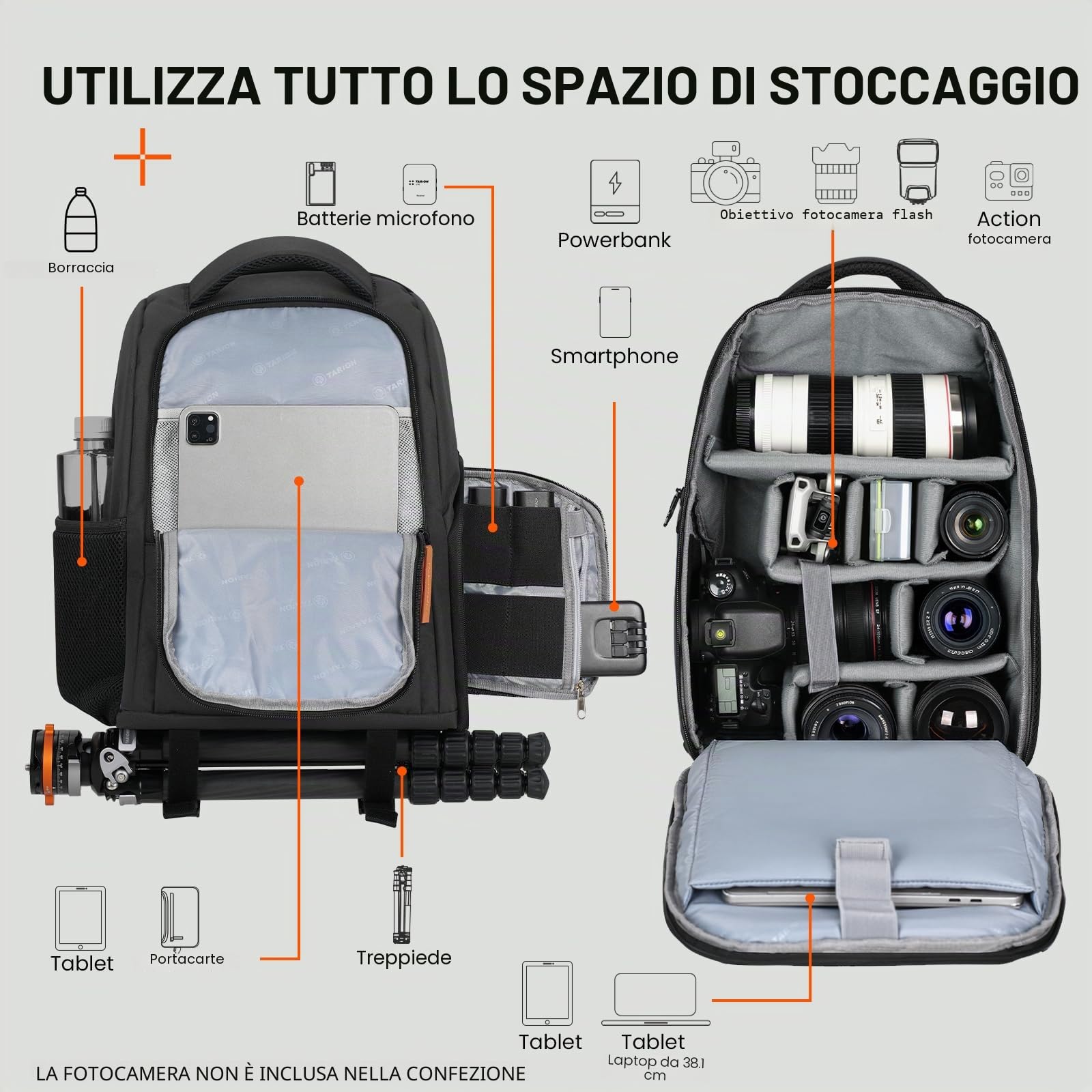 TARION Zaino Fotografico Professionale Borsa per Fotocamera Reflex DSLR con Custodia per Laptop 15" Copertura Antipioggia TB-04