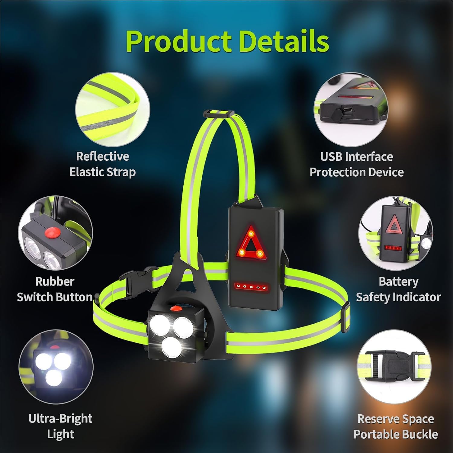Luce Running Ricaricabile USB, 120° Luce Regolabile, 500 Lumen, Lampada Corsa con Nastro Riflettente per Jogging, Campeggio, Sport all'Aria Aperta