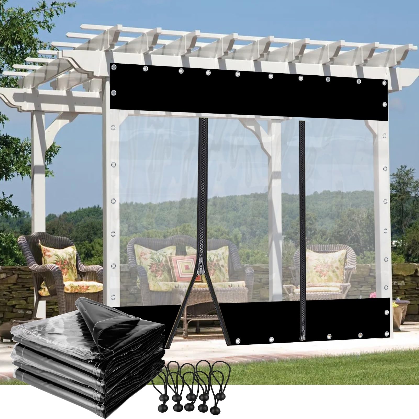 Ghply Black Outdoor Clear Panel Curtain Heavy Duty Waterproof Tarp With Zipper Door Transparent Curtains Side Panel For Pergola, Porch, Gazebos(1.8X1.8m/5.9X5.9ft)