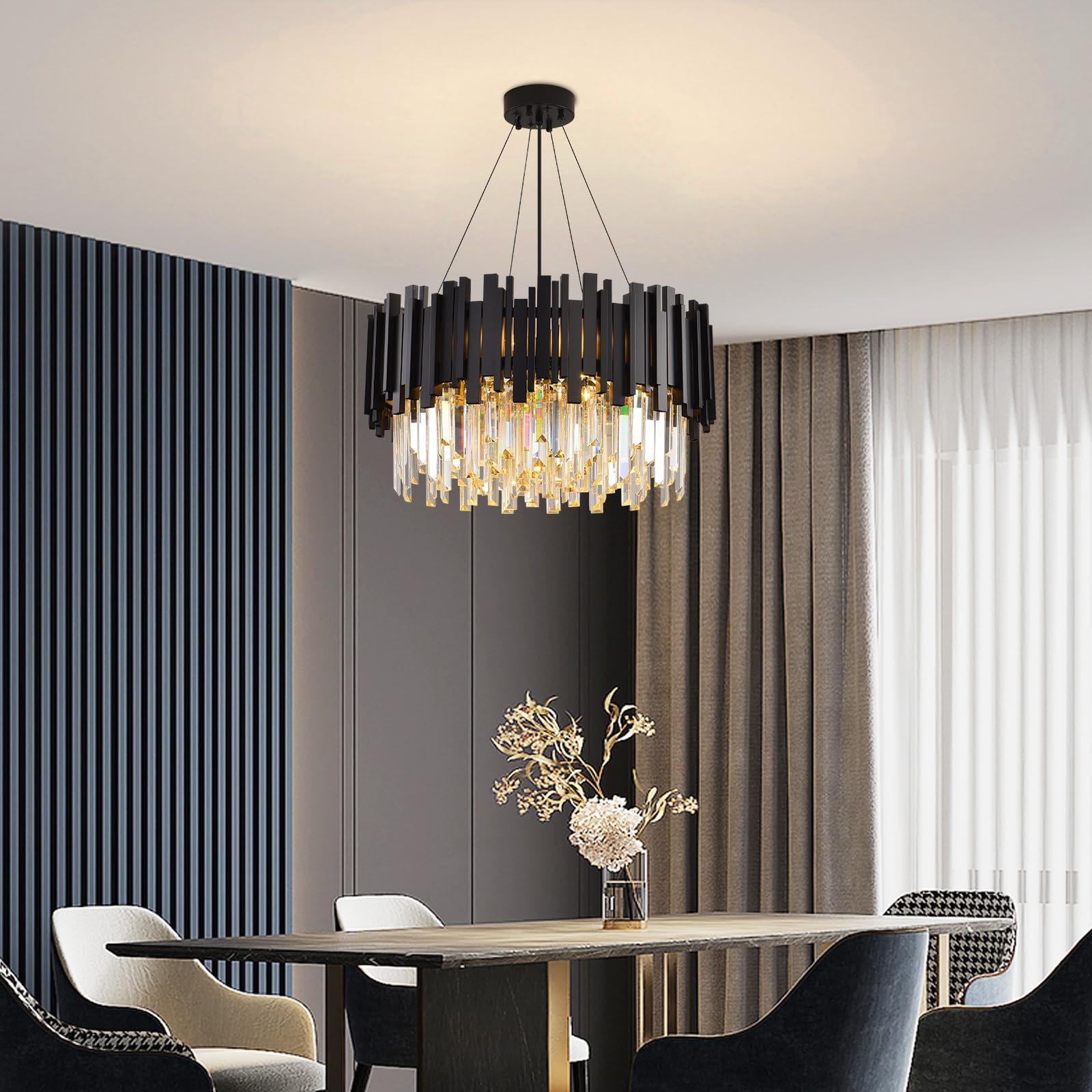Moderne Kristall Kronleuchter, Schwarz Rund Kristall Pendelleuchte, 9×E14 Lampenfassung Hängellampe für Wohnzimmer, Esszimmer, Schlafzimmer