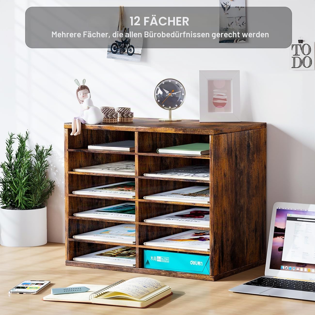PAG 12 Fächer Verstellbarer Dokumentenablage aus Holz,Holz-Literatur-Stehsammler,Aktensortierer Briefablage A4 Zeitschriftenständer,für Büro/Zuhause/Schule,Retro-Braun