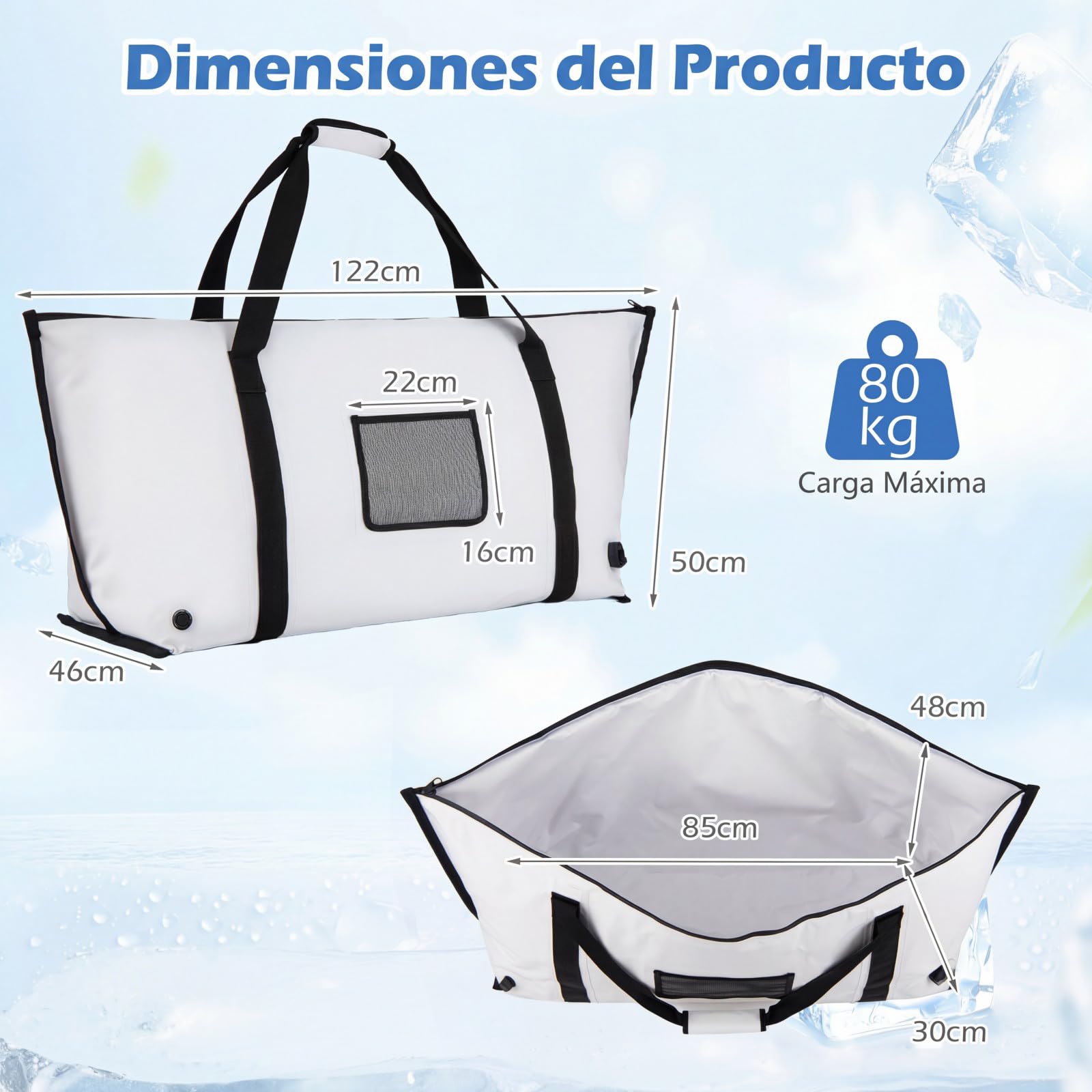 COSTWAY 122 cm Bolsa Isotérmica para Pescado, 80 L Nevera Portátil Impermeable y A prueba de Fugas que Mantiene el Hielo durante 24 Horas, Bolsa Térmica de PVC con Cremallera, Asa y Válvula de Drenaje