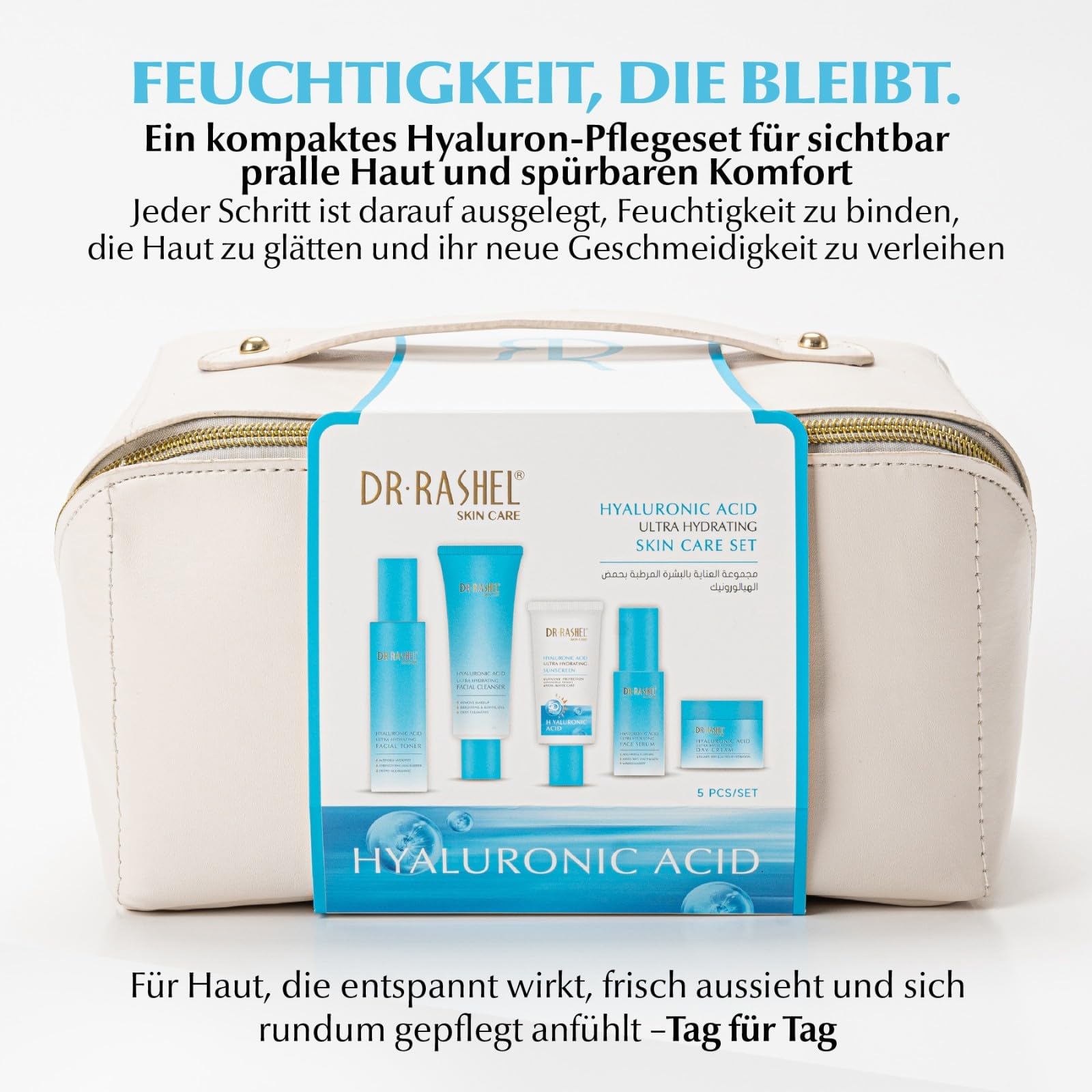 Hyaluronsäure Gesichtspflege Set 5-teilig - Anti-Falten Hautpflege mit Serum, Tagescreme, Nachtcreme, Reinigungsgel, Toner + SPF 50 Sonnenschutz - Anti-Aging, Hautpflege Hyaluronic Acid Geschenkset