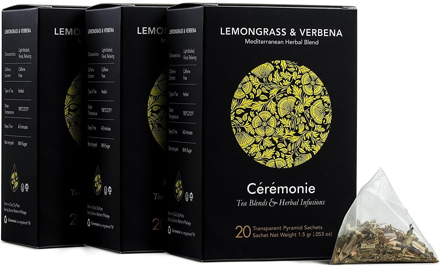 Ceremonie Tea Lemongrass & Verbena Mediterranean Herbal Infusion Loose Leaf Tea - Kosher, Caffeine-Free, Light-Bodied Floral & Sweet - 4-5 Minute Steep Time (20 Pyramid Sachet) - Pack of 3