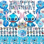 53 Pcs Blue Party Supplies, Birthday Decorations Set Include Banner, Balloons, Hanging Swirls, Cake Toppers, Tablecloth for Cartoon Theme Party