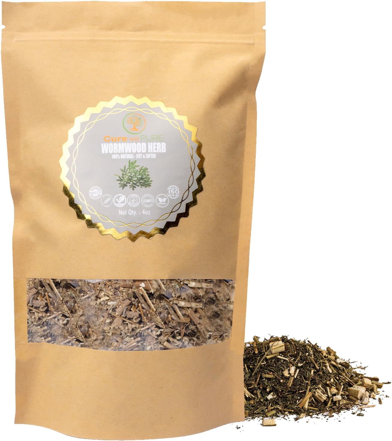 Cure wid Pure Organic Wormwood Herb Dried Cut & Sifted 4oz/114g - Artemisia Absinthium - Non-GMO,Preservative & Additives Free Wormwood Tea In Eco Friendly Resealable Pouch Traditional Herbal Remedy