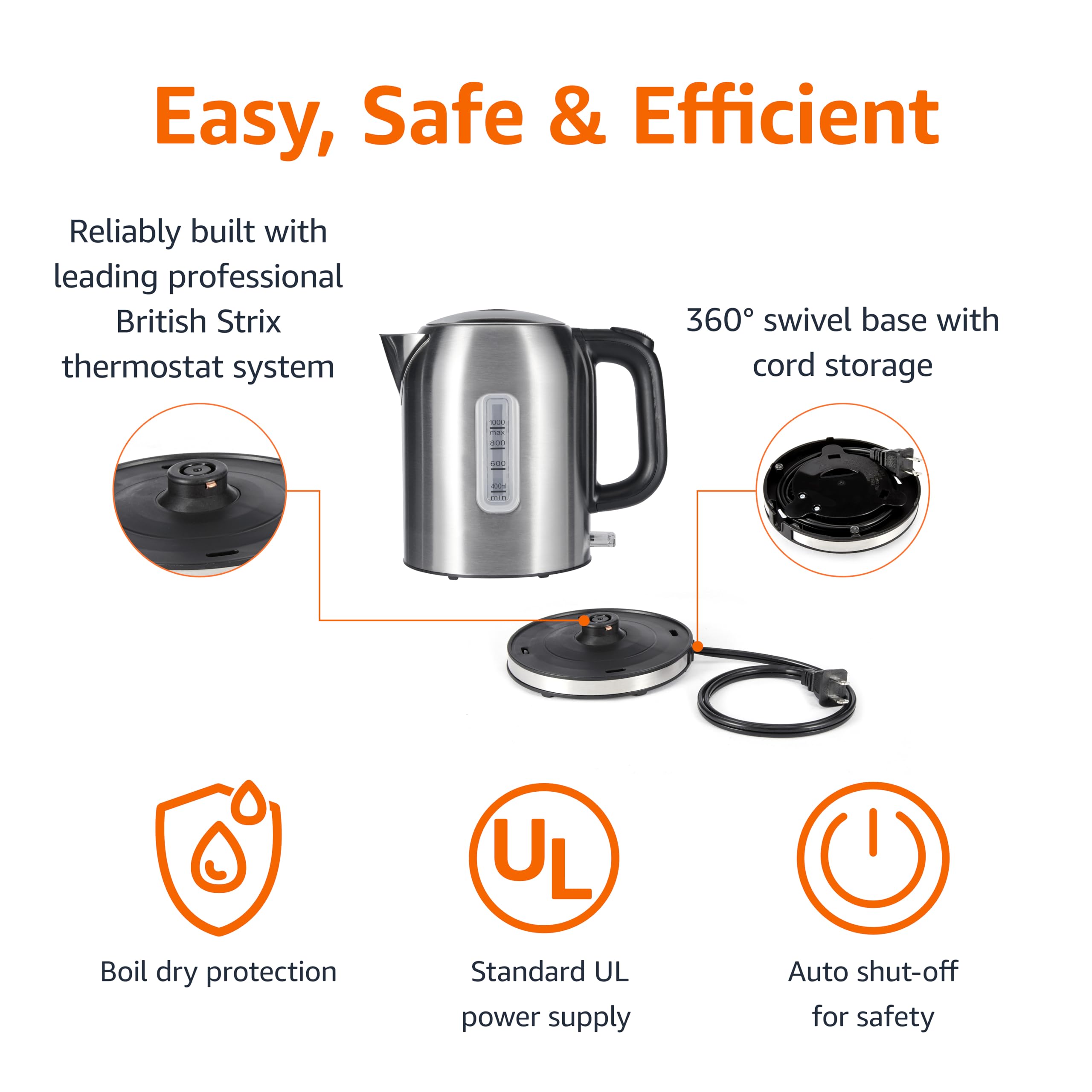 Amazon Basics 1.1Qt (1L) Electric Kettle, Tea Kettle & Water Boiler, with Auto Shut-Off, Boil Dry Protection, High-Safety Strix Thermostat, BPA-Free, 1500W, Stainless Steel, New Model, Black & Silver - Image 3