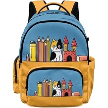 Cat Pencil Print Blue Yellow Kids Backpacks Portable Multi-Pocket Large Capacity Daypack Casual Knapsack Elementary Primary Middle School Bookbags