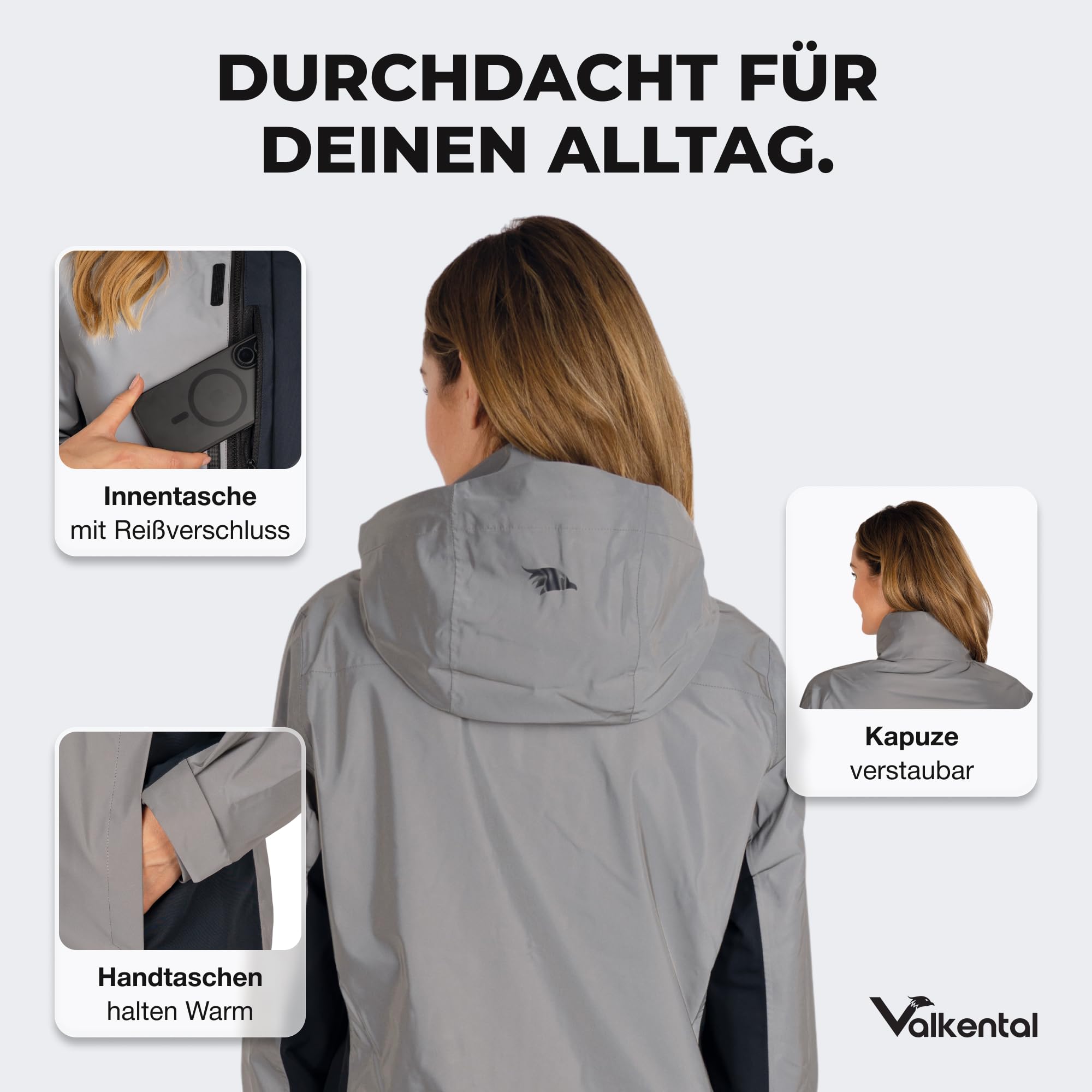 Valkental - Reflektierende & Wasserdichte 3in1 Jacke Damen [Fleece Zipp-In & Verstaubare Kapuze] Geeignet als Winterjacke, Regenjacke & Fahrradjacke - 10.000mm Wassersäule - Doppel Reißverschluss