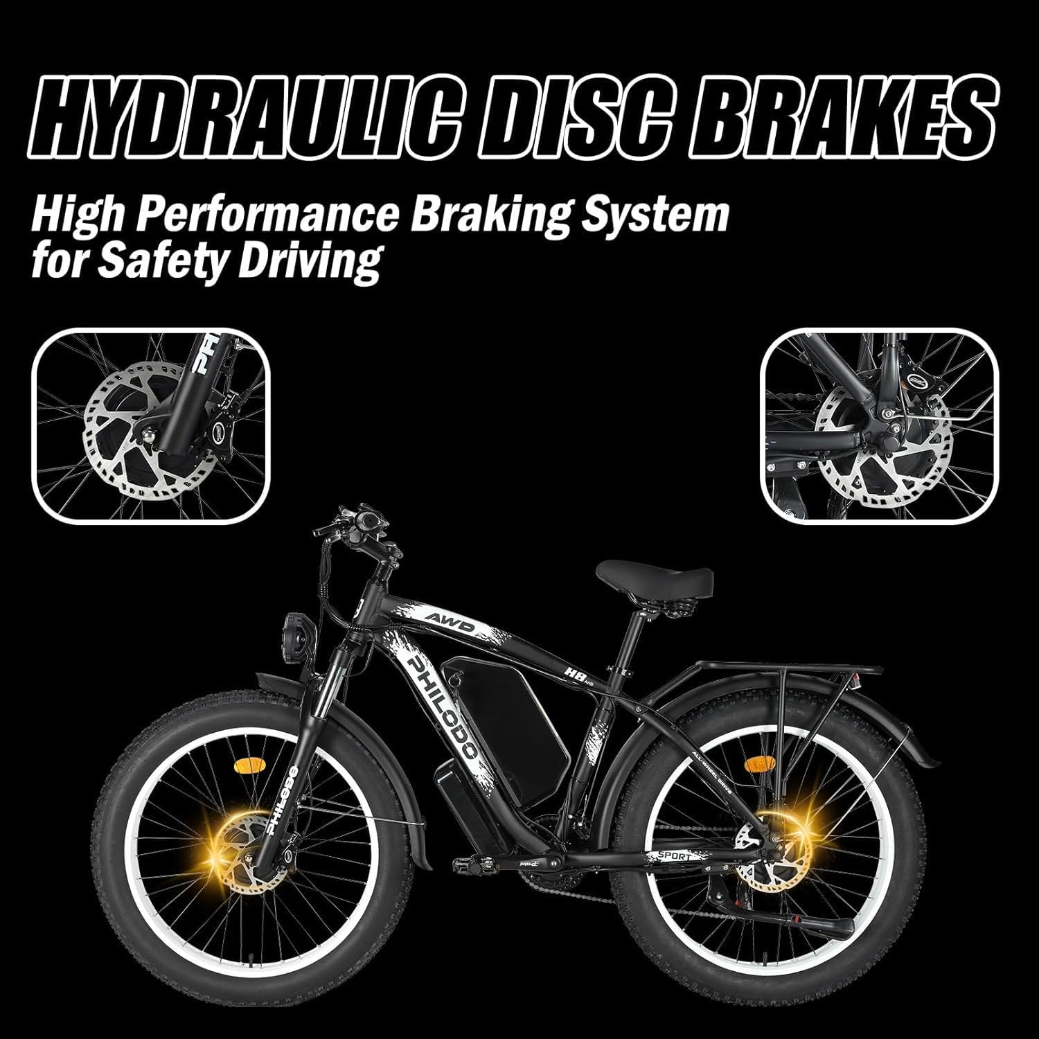 PHILODO Electric Bike for Adults, 60V 25Ah Fat Tire Ebike Dual Motor AWD 5000W Peak 45MlLE-Phour Electric Bicycles 21-Speed with Ignition Lock Hydraulic Disc Brake