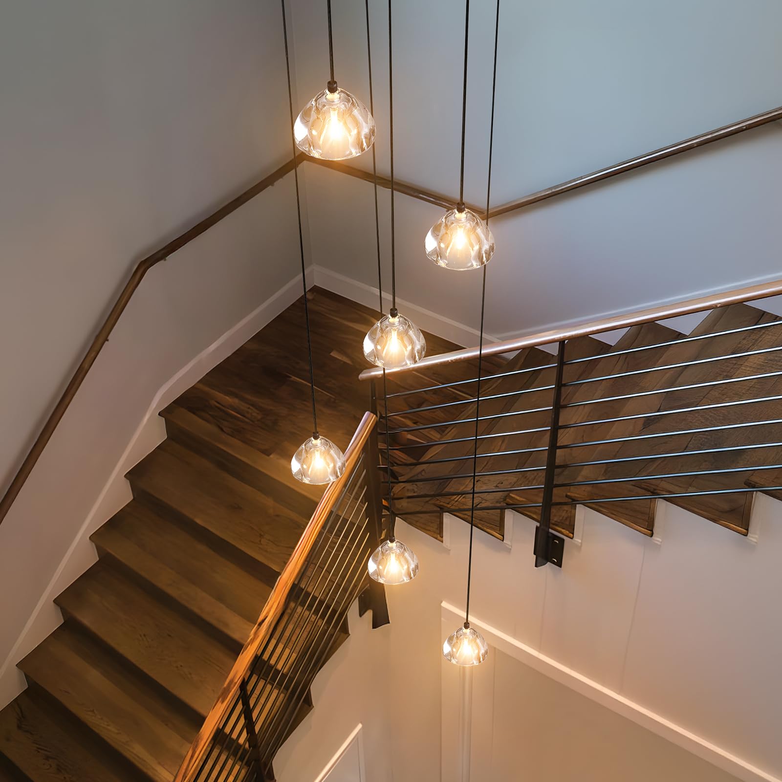 H.W.S Nowoczesna lampa wisząca LED, żyrandol Villa, regulowana wysokość, lampa wisząca szkło, do salonu, jadalni, przedpokoju, schodów, hotelu (6-punktowa, Okrągła, Czarna)