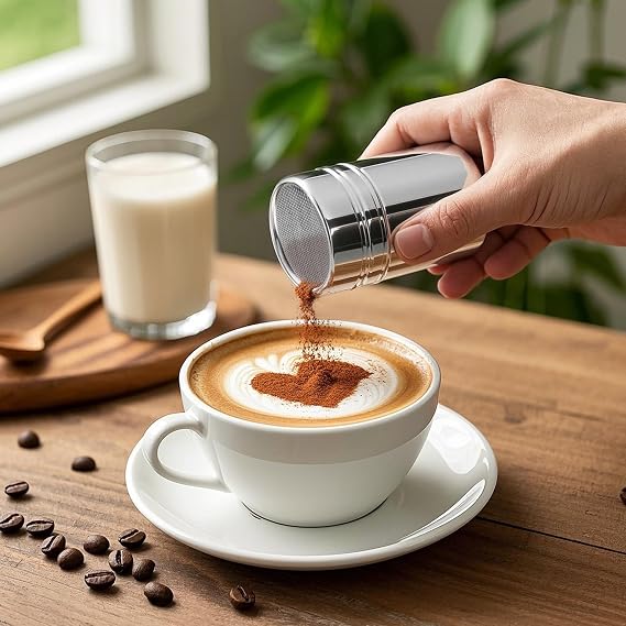 HANSGO Powdered Sugar Shaker Duster, 2PCS Stainless Steel Cinnamon Shaker for Coffee Bar, Fine Mesh Dredge, Salt and Pepper Shakers for Soda, Cocoa, Cornstarch, Seasoning, 6 Ounce, with Lid