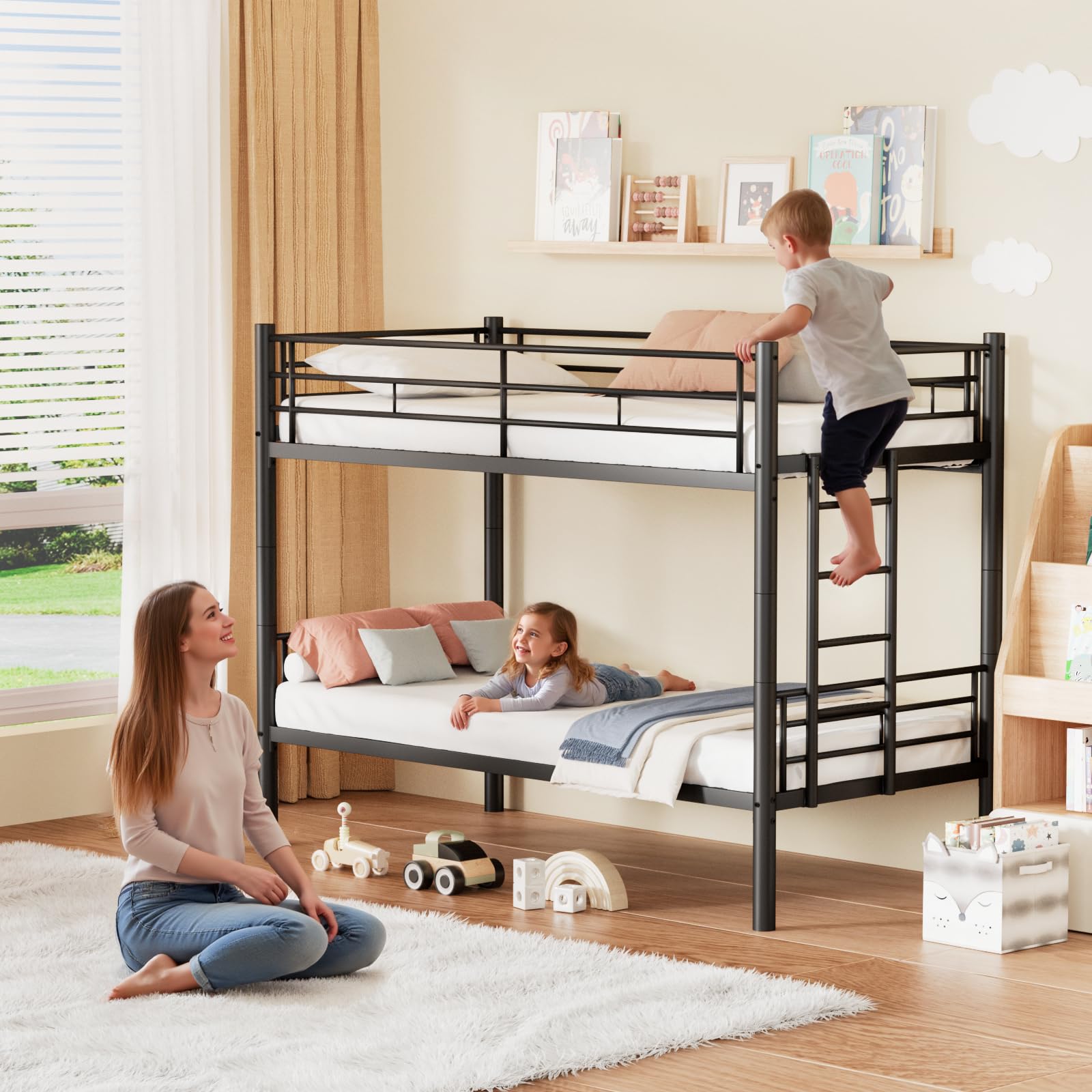 Litera de metal de 90 x 200 cm, se puede dividir en dos camas individuales, litera con escalera y protección anticaídas para adolescentes y adultos, color negro