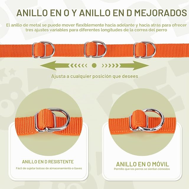 Foto 5 de 8 de Correa para Perros Doble Enganche Ajustable 3 m Manos Libres, Naranja