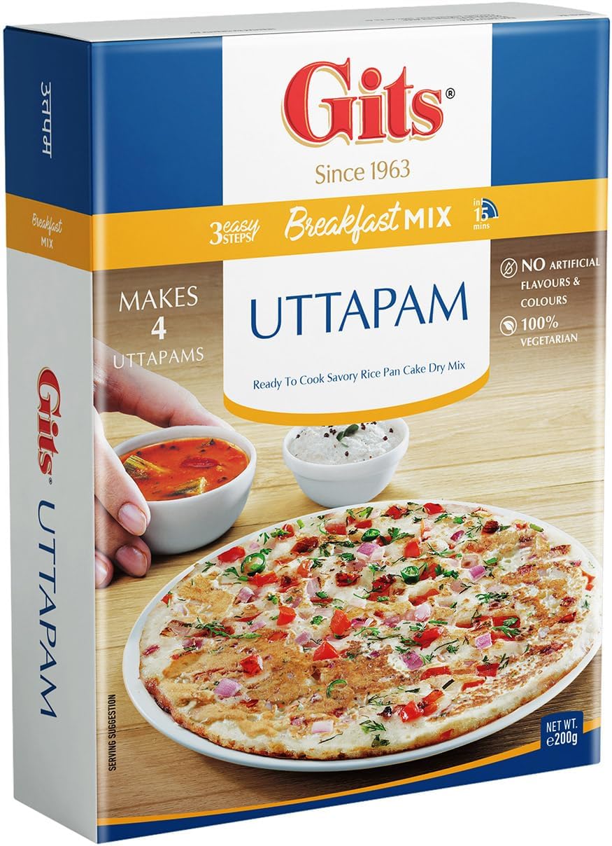 Gits Instant Uttappam Breakfast Mix, Makes 4 per Pack, Pure Veg, South Indian Breakfast Mix, 200g