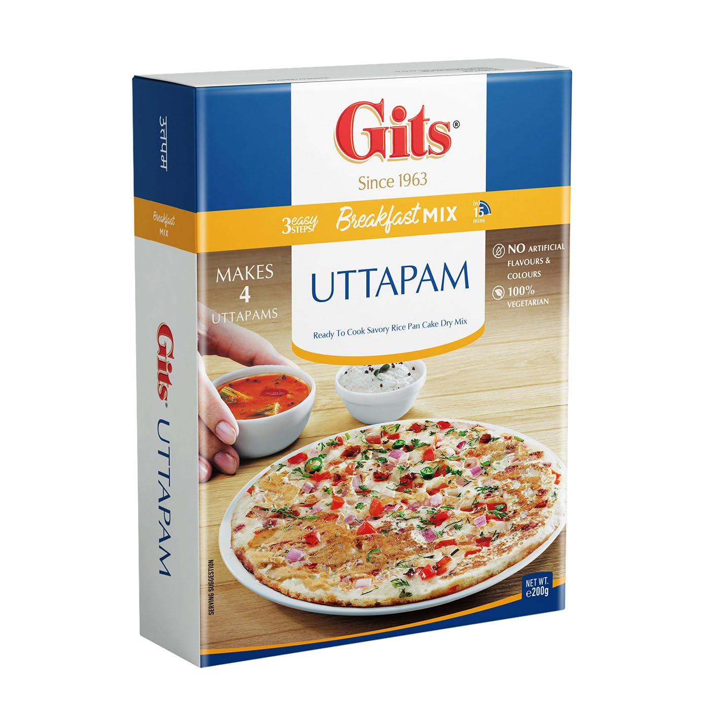Gits Instant Uttappam Breakfast Mix, Makes 4 per Pack, Pure Veg, South Indian Breakfast Mix, 200g