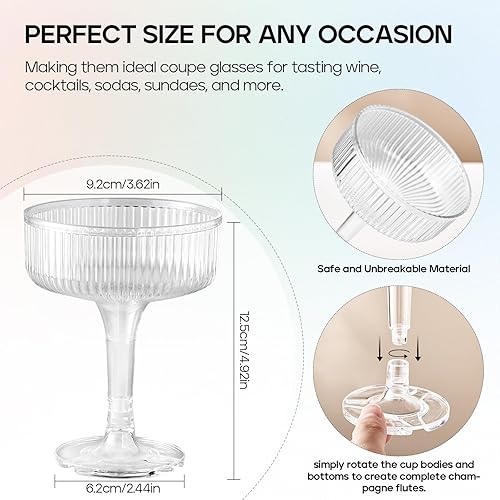 Miniatura 4 de Paquete de 20 copas de plástico para champán de 7 onzas, copas de cóctel de plástico irrompibles para bodas, fiestas de cumpleaños, bares,