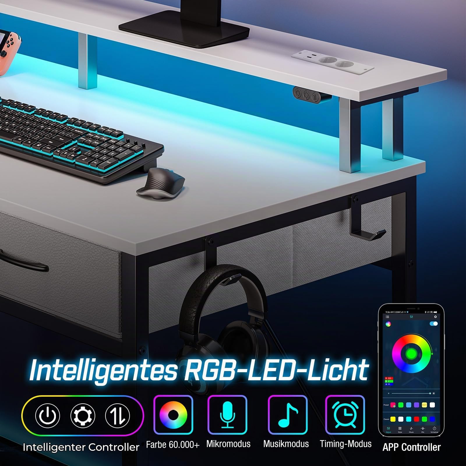 Rolanstar Schreibtisch mit Schubladen, Computertisch mit Steckdosen & LED, Gaming Tisch mit Monitorständer, Regal & 2 Haken, Gaming Schreibtisch für Büro, Wohnzimmer(Weiß, 137x47x90,5cm)