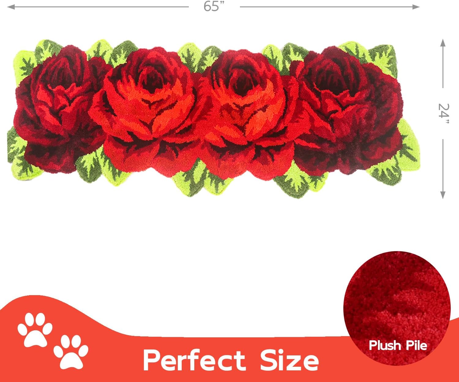 Red Flowers Runner Mat, Floral Soft Non-Slip Floor Rug for Bathroom, Bedroom, Laundry, Kitchen, Washable Microfiber Area Rugs 24"x65" Hallway Carpet for Living Room Home