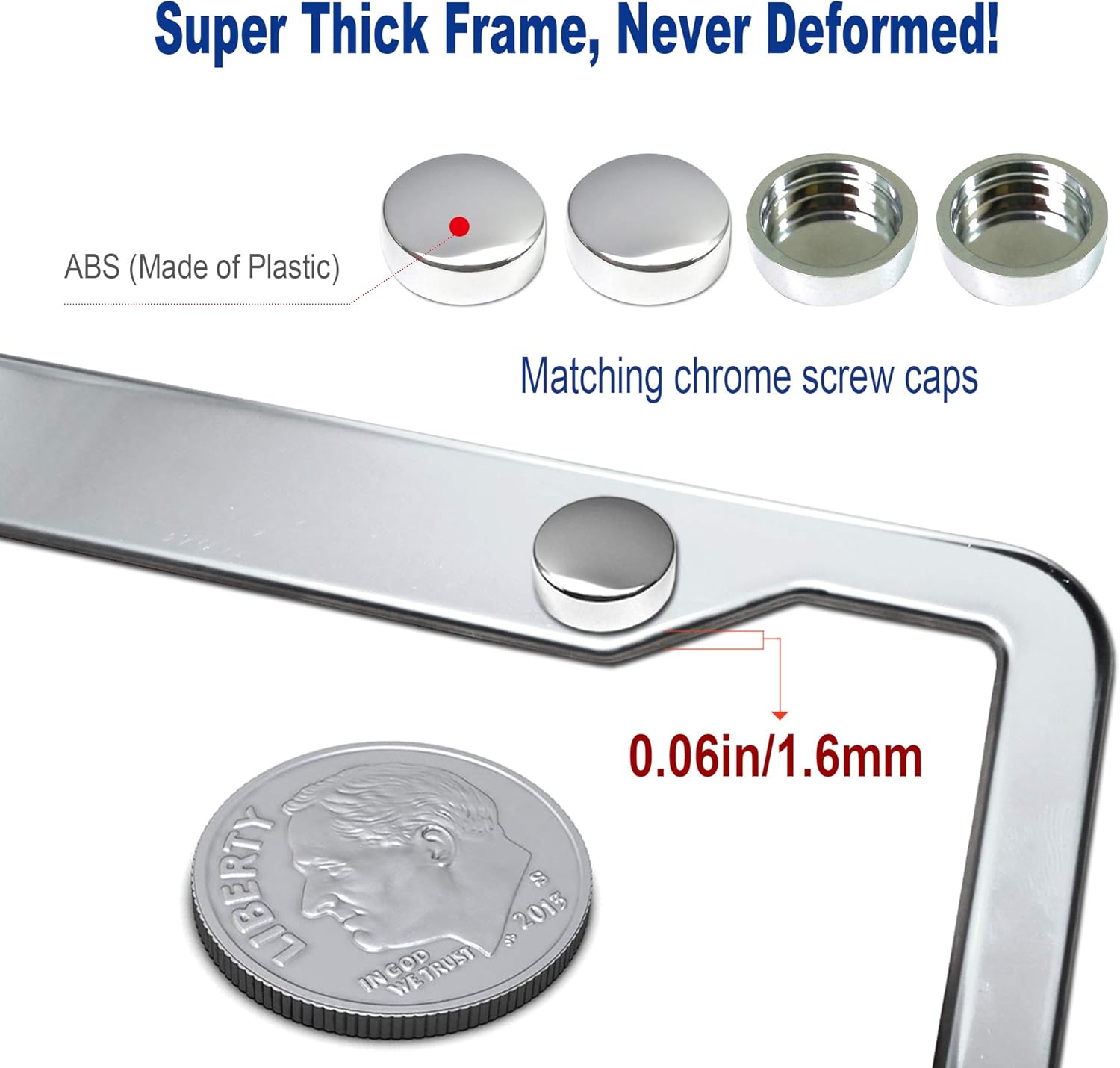 BGGTMO Stainless Steel License Plate Frames- 2 Pack Heavy Duty Polished Mirror Car Tag Cover with Chrome Screws Caps, 4 Holes Front & Rear Holders with Fasteners, Inserts, Rust/Rattle Proof Pads