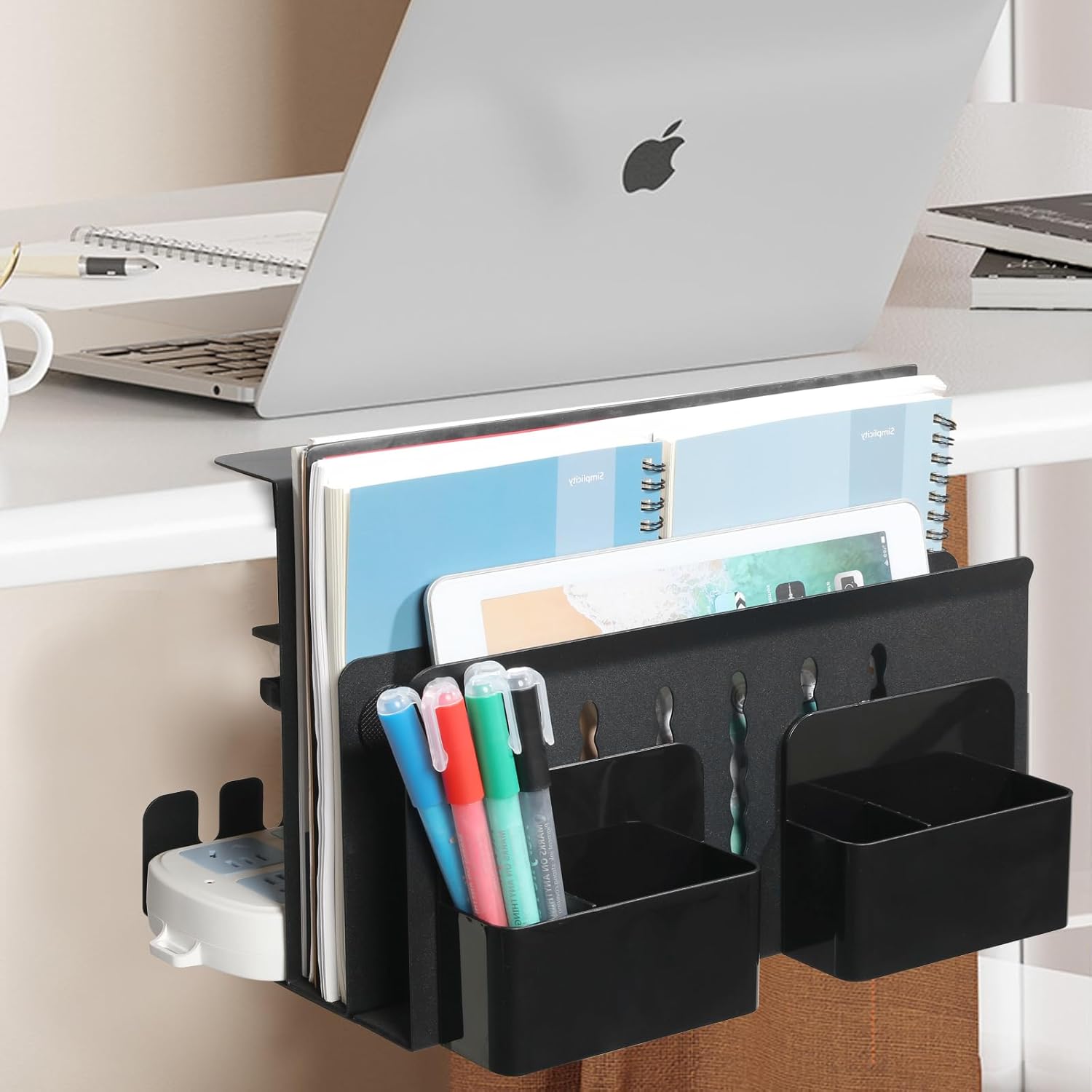 MAXECHO Desk Side Storage, Under Desk Laptop Mount, Table Side Hanging File Organizer, No Drill Clamp On Cable Management Tray, Laptop Holder with Magnetic Pen Holder for Office and Home, Load 22 Lbs