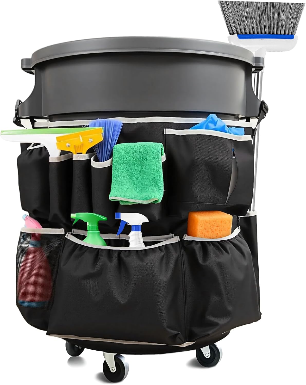 Trash Can Caddy Bag, Upgraded Large Cleaning Caddy, fits for 32-55 Gallon Garbage Bin, Multi-Pocket Garbage Bin Caddy Organizer for House Cleaners & Janitorial Duties, Gray Edge