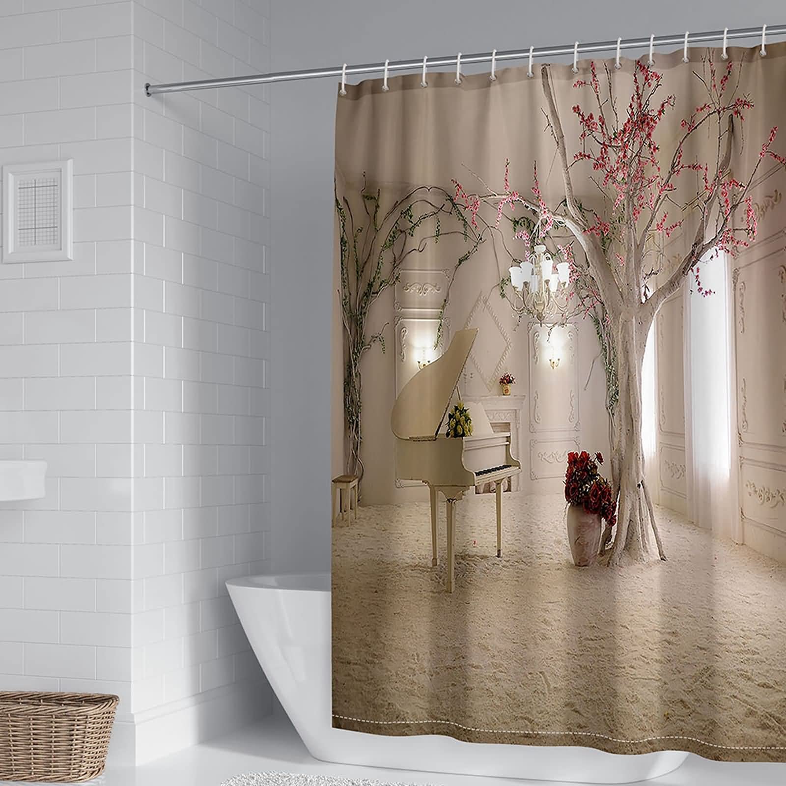 Rideau de douche salle de bain ambiance musicale beige rose 150x200