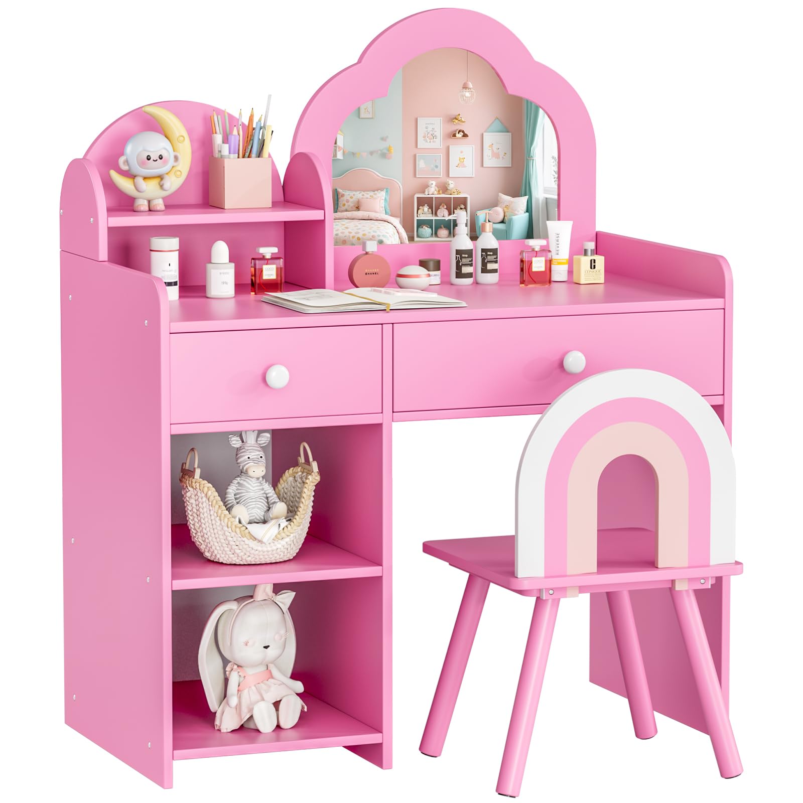 MAMIZO Tocador Infantil con Taburete y Espejo, Tocador para Niños con Cajón, con Forma de Nube, Robusto y Estable, 2 en 1 Mesa de Maquillaje Infantil 3,5x40x90,5cm, para 3-8 Años (Rosa)