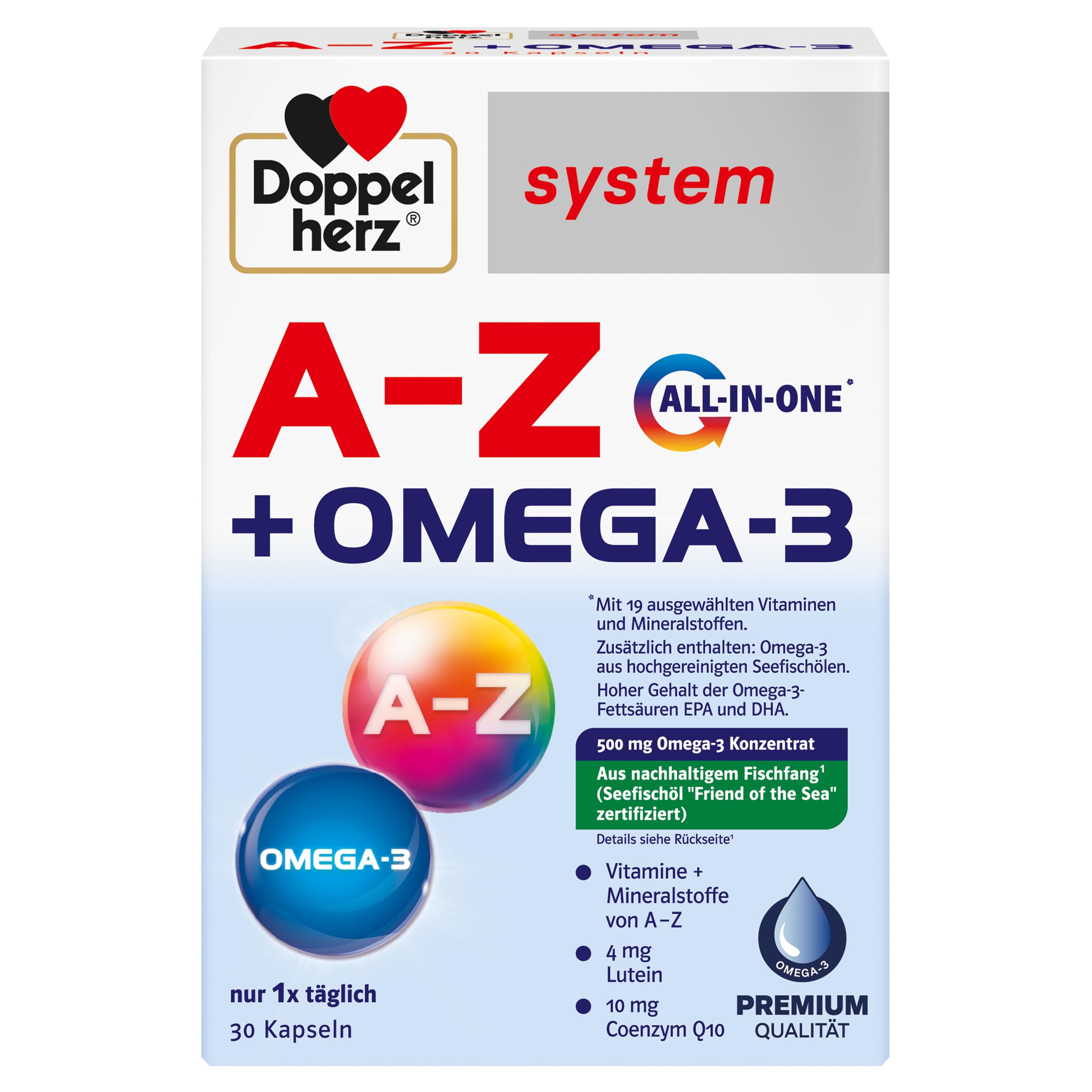 Doppelherz system A-Z + OMEGA-3 ALL-IN-ONE – 19 Vitamine und Mineralstoffe PLUS Omega-3 – 30 Kapseln