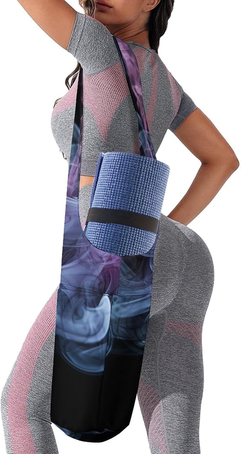 Yoga Mat Carrying Bag,Blue And Purple Smoke Printed Women's Yoga Bag with Multi-Functional Storage Pockets,Large Yoga Mat Bag Fits Most Size Yoga Mats