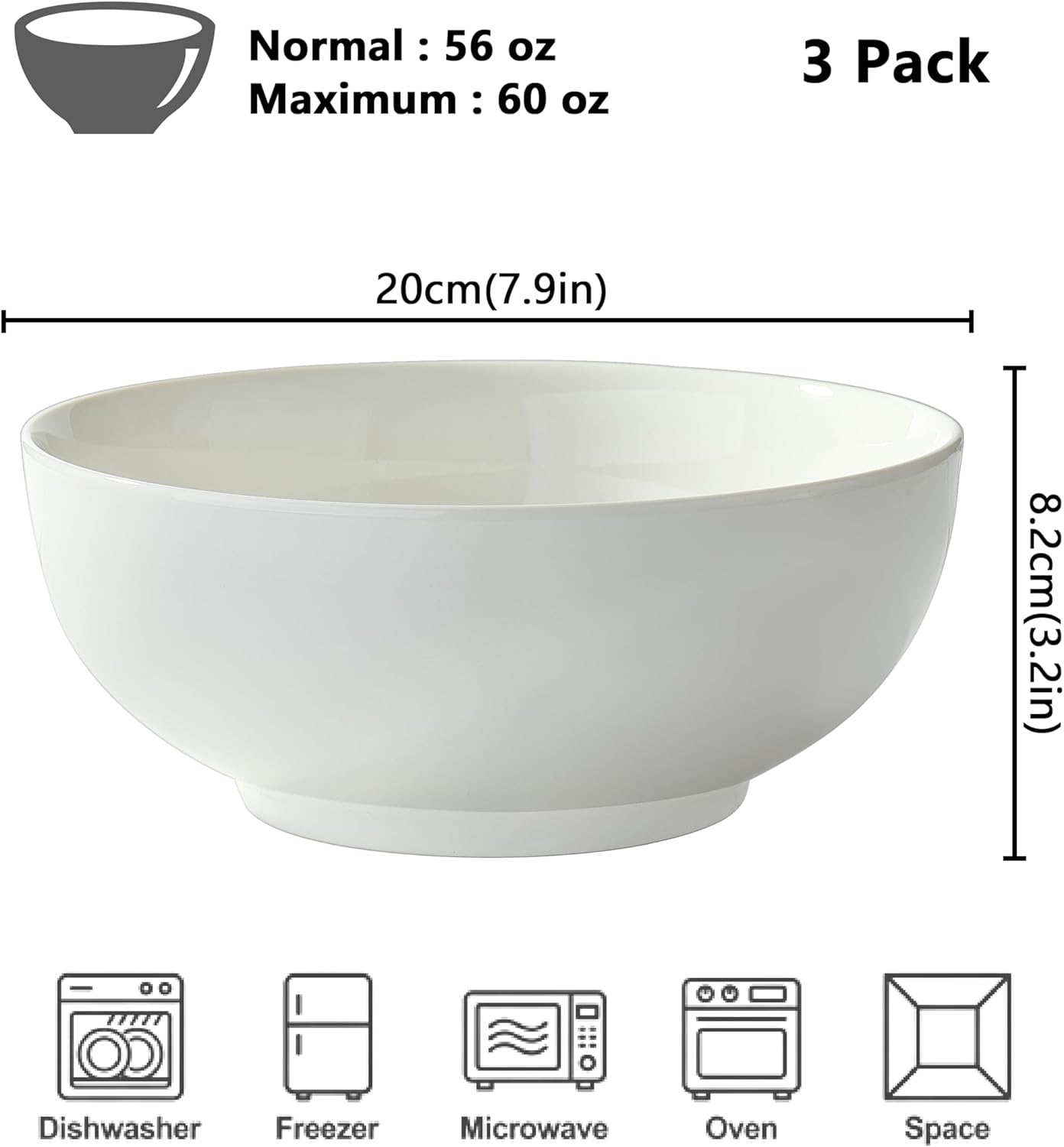 Lccowot 3PCS Pho Bowls, 60oz Large White Ceramic Serving Soup Pasta Ramen Bowl, Microwave and Dishwasher Safe