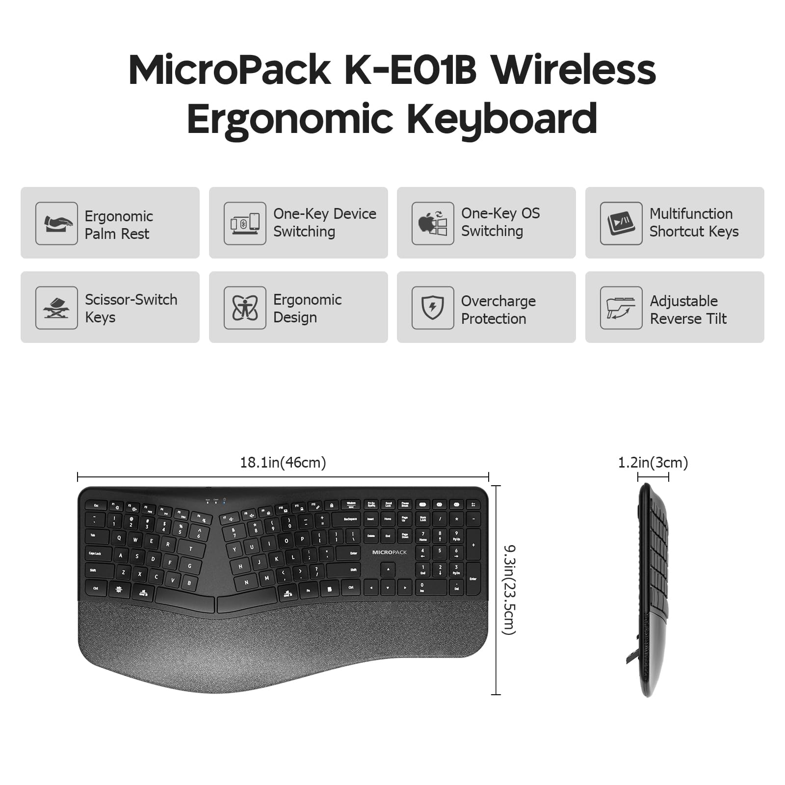 MicroPack Tastiera Ergonomica Wireless con Bluetooth, USB-C Ricaricabile e Protezione da Sovraccarico, Poggiapolsi, Connettività a 3 dispositivi, Interruttore a Forbice Silenzioso, Inclinazione