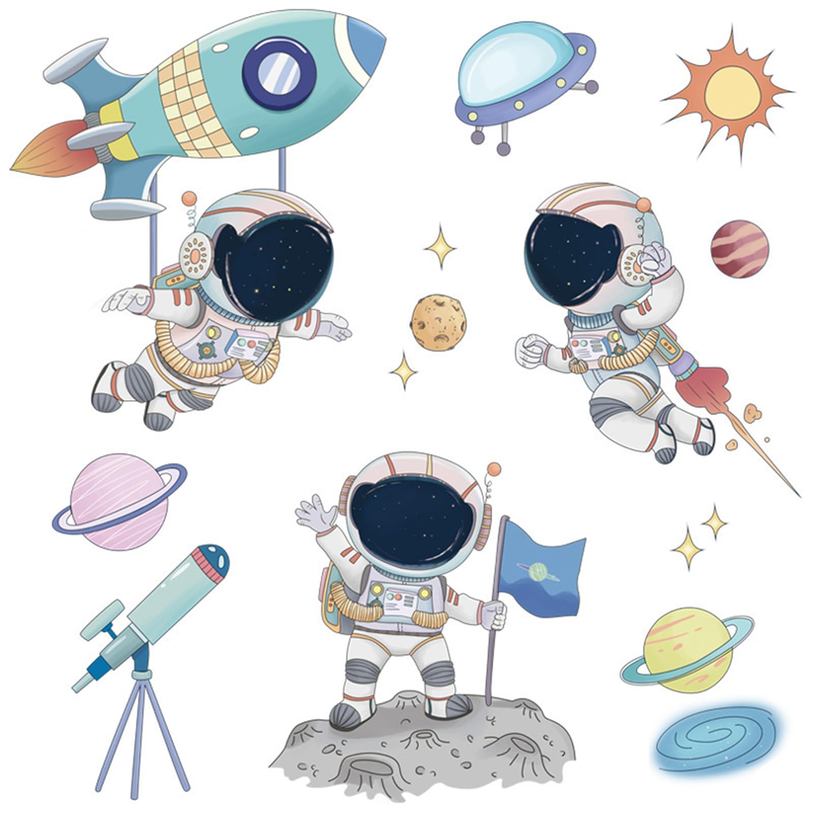 Naklejki ścienne dla dzieci, astronauta, rakieta kosmiczna, planety, UFO, gwiazdy, usuwalne naklejki do pokoju dziecięcego i małego dziecka