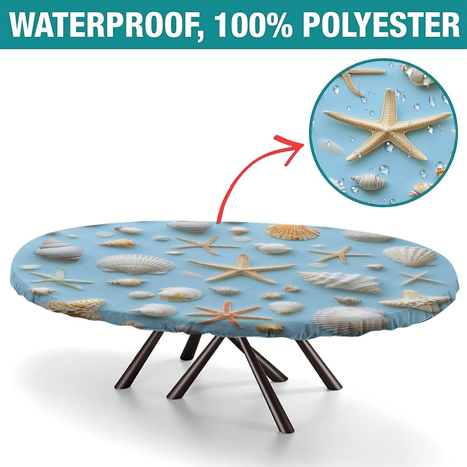 Fitted Oval Tablecloth, Coastal Seashell Pattern Printed on Dinning Table Cover, Perfect for Holiday Dinners Banquets Events & Everyday Use, Fits for 52" x 70" Oval Table