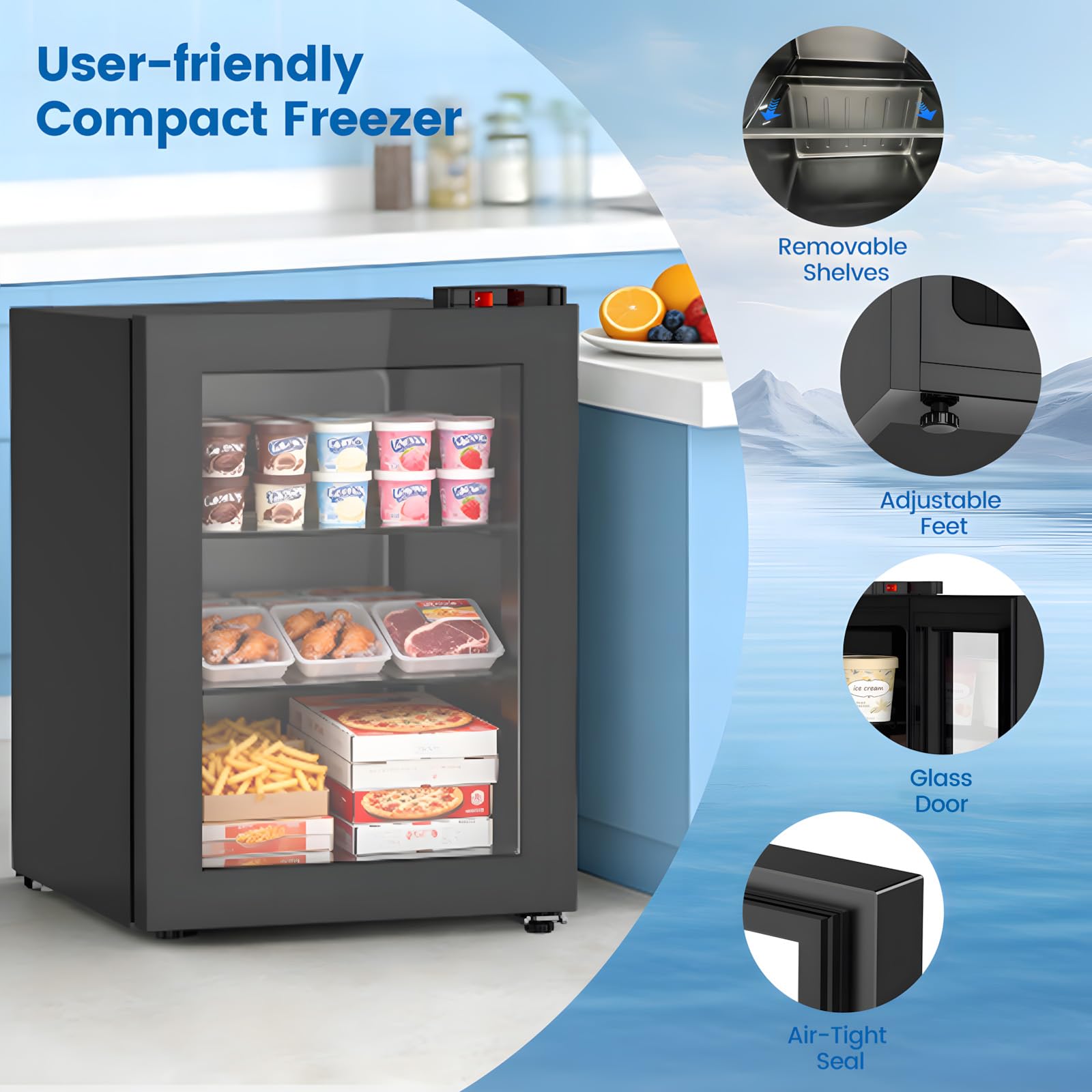 Kndko 2.4 Cu Ft Mini Freezer With Display Glass Door, 7 Adjustable Temperature Settings -10°F To -18°F, Upright Small Freezer With Removable Shelves Perfect For Ice Cream on Fridge.com - View 6