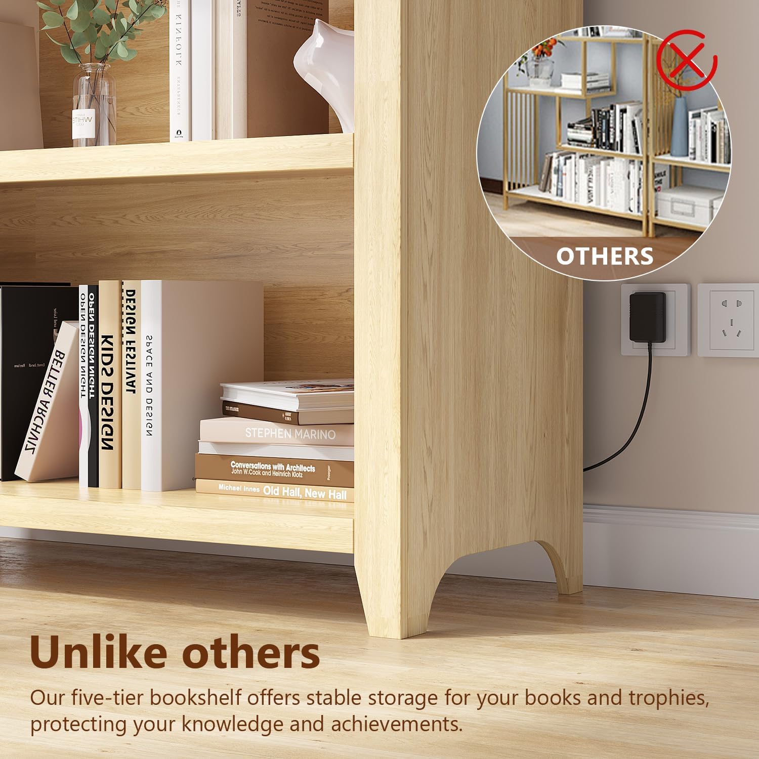 Arch Bookcase - 5 Layers Bookshelf with 3 Colors LED Sensor Lights and Thickened Wooden Design Display Shelf for Lego Books Bathroom Living Room - Ideal Gift (Light Wood)
