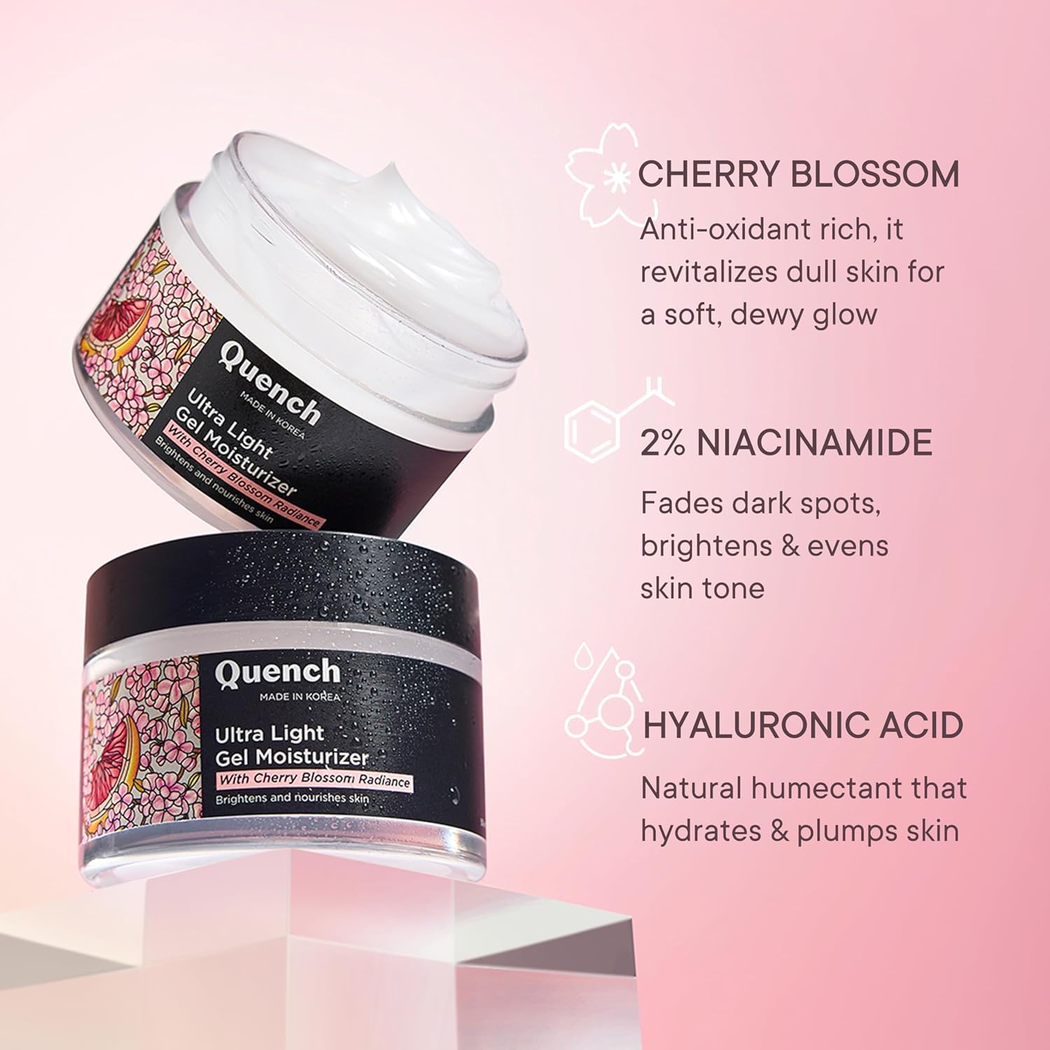 Q'U.EN.CH.. B'O.TA.NI.CS.. Mon Ultra Light Moisturizing Gel with 2% Niacinamide, Nourishes & Adds a Radiant Glow with Cherry Blossom, Grapefruit, Pearl & Moringa Seed Oil, White, 50 ml