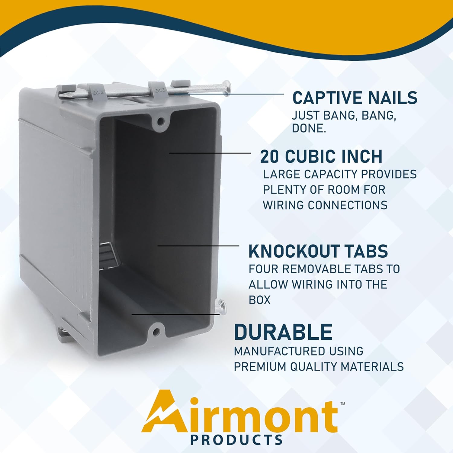 (Pack of 16) Plastic Electrical Box, Grey Outlet Box, Single Gang New Work Junction Box, Captive Nails, 20 cu. Inches, Length 3-5/8'', Width 2-1/8'', Depth 3-1/4''