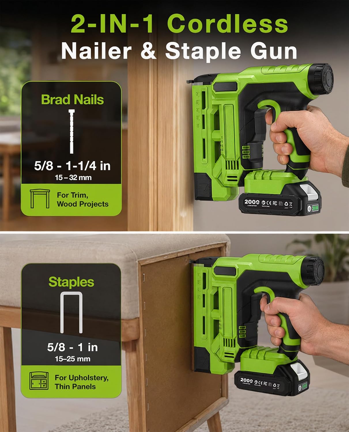  18-Gauge Cordless Brad Nailer: 20V 2-in-1 Electric Nail Gun with 2 Batteries, 1000pcs Nails & Staples, Adjustable Depth Staple Gun for Wood, Drywall, Upholstery & DIY Projects thumbnail